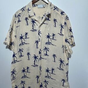 ASOS Design Men's Beige Navy Palm‎ Tree Short Sleeve Button Up Shirt Large Long